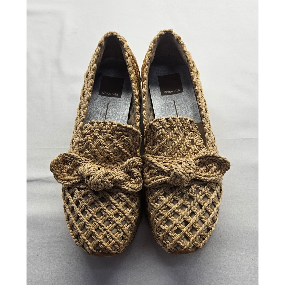 Dolce Vita Woven Raffia Platform Loafers Tan Bow Slip On Shoes Womens 7.5